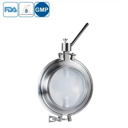 Hygienic powder-tight stainless steel butterfly valve with wafer-style tri-clamp connection for sanitary powder handling