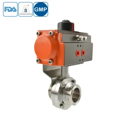 Hygienic grade stainless steel pneumatic butterfly valve with clamped connection for sanitary processing