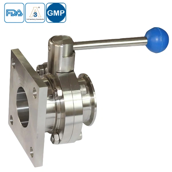 Food grade stainless steel manual butterfly valve with flange-clamped connection for hygienic processing