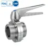 Food grade stainless steel butterfly valve with duck type handle and male-male threaded connections for hygienic processing