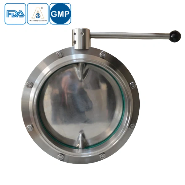 Large stainless steel welded butterfly valve with pull handle for food processing applications