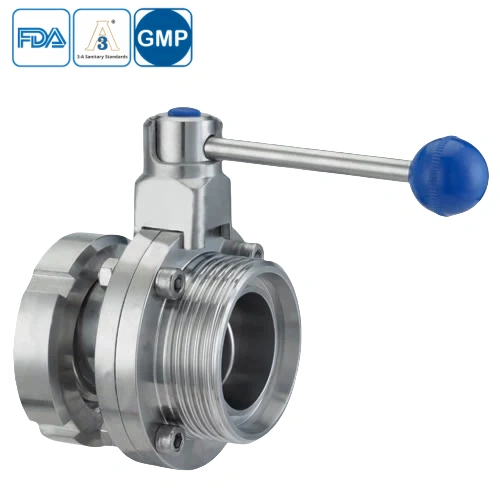Sanitary grade stainless steel manual butterfly valve with round handle and union-male connection for hygienic processing