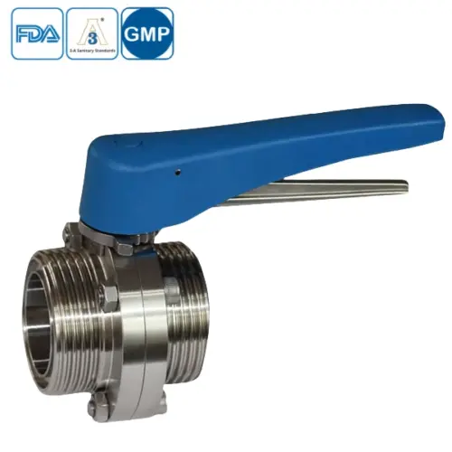 Stainless steel sanitary butterfly valve with plastic handle and male-male threaded connections for hygienic applications