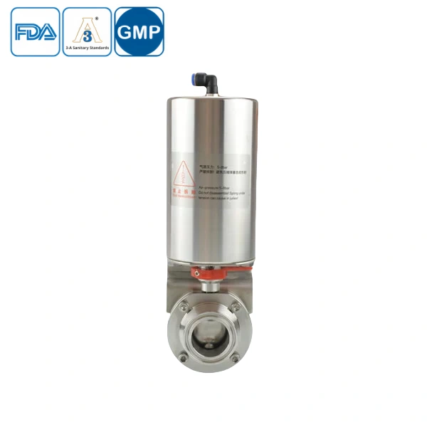 Stainless steel sanitary pneumatic butterfly valve with CIP tri-clamp connection for food and pharmaceutical applications