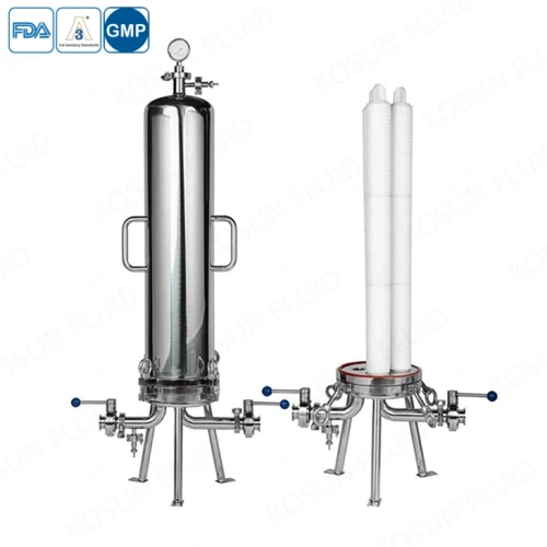 Sanitary liquid cartridge filter housing for high-purity liquid filtration.