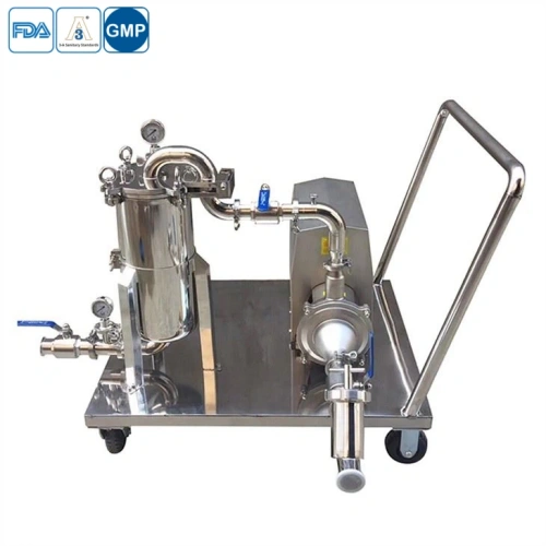 Bag filter housing skid with a centrifugal pump for mobile liquid filtration.