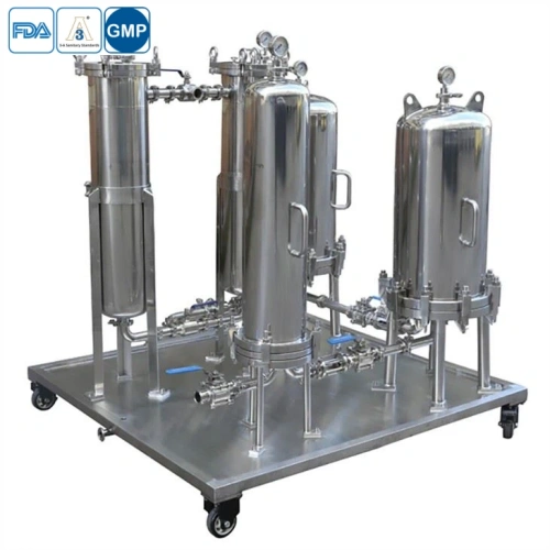 Filter housing skid for cannabis and CBD oil filtration, featuring stainless steel construction