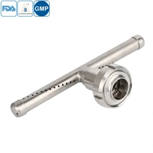 Sanitary stainless steel rotary T-shaped cleaning ball for tank cleaning.
