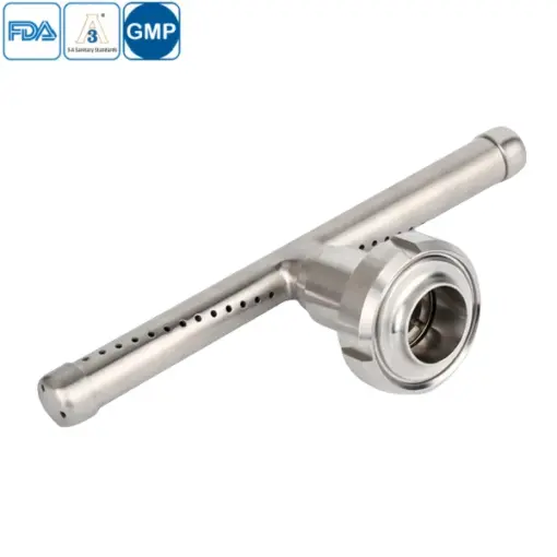 Sanitary stainless steel rotary T-shaped cleaning ball for tank cleaning.