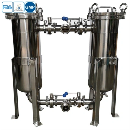 Stainless steel duplex bag filter housing with two-chamber design for non-stop operation