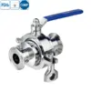 Food grade stainless steel manual ball valve with clamped connections and non-retention design for hygienic food equipment applications