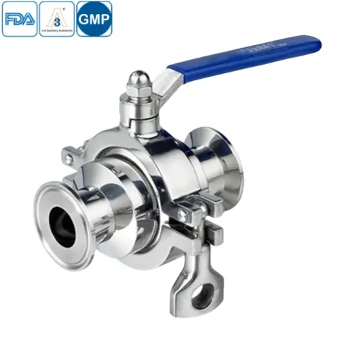 Food grade stainless steel manual ball valve with clamped connections and non-retention design for hygienic food equipment applications