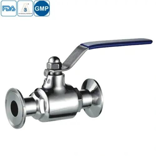 Food grade stainless steel straight-way ball valve with manual operation and tri-clamp connections for hygienic food equipment applications