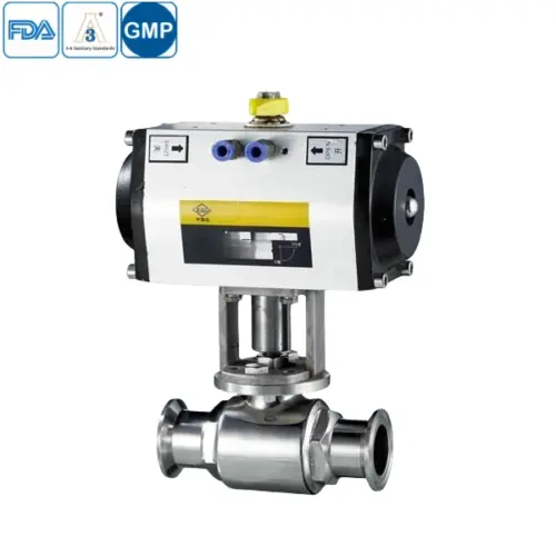 Food grade stainless steel straight-way ball valve with pneumatic actuator and tri-clamp connections for hygienic applications