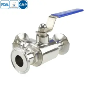Sanitary stainless steel 3-way ball valve with clamped connections and manual operation for hygienic applications