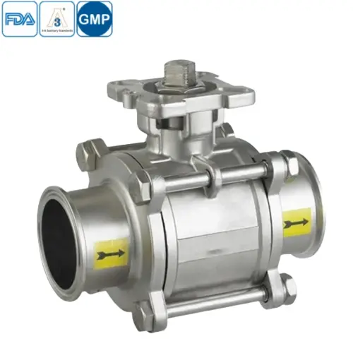 Sanitary stainless steel 3-way ball valve with threaded connections for hygienic fluid control