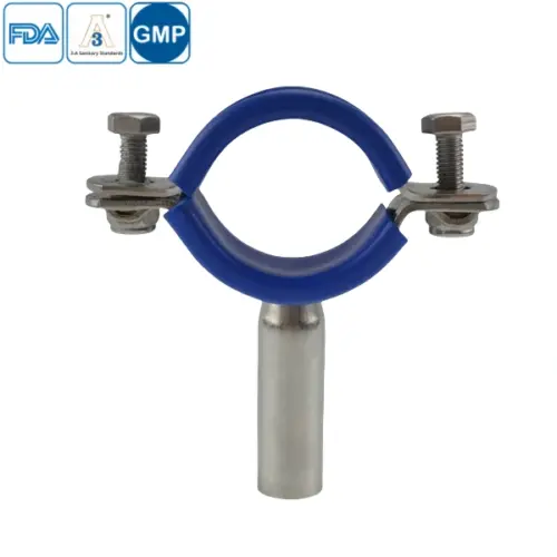 Stainless steel sanitary round pipe holder with blue sleeve