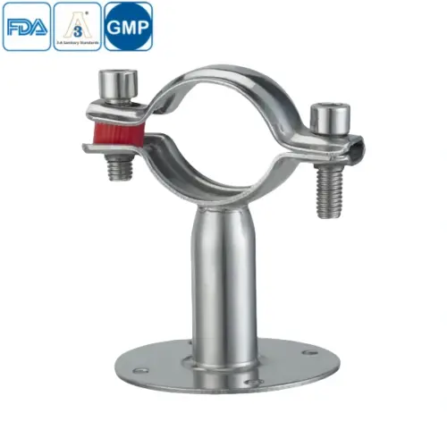 Stainless steel sanitary round pipe hanger with a base plate