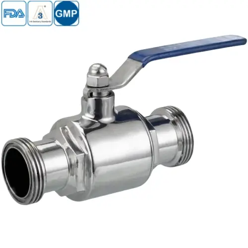 Sanitary grade stainless steel 2-way ball valve with male threaded connections for hygienic applications