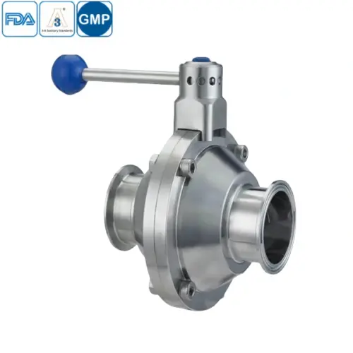 Sanitary grade stainless steel butterfly type ball valve with round handle and tri-clamp connection for hygienic applications