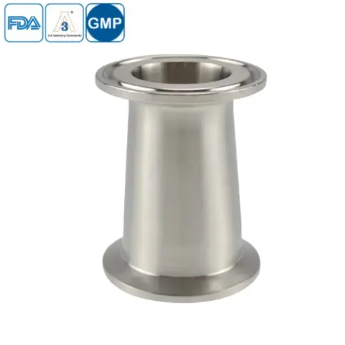 Stainless steel food processing clamped concentric reducer for hygienic pipelines.