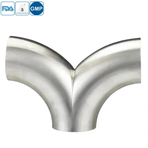 Stainless steel food grade double-bend swept tee for hygienic processing pipelines