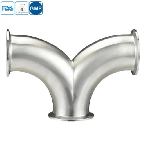 Stainless steel sanitary double-bend line splitter elbow for hygienic piping systems