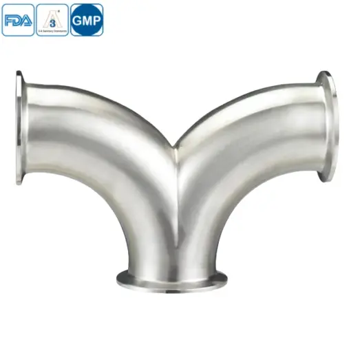 Stainless steel sanitary double-bend line splitter elbow for hygienic piping systems