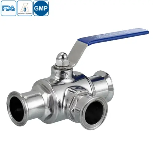 Sanitary grade stainless steel manual 3-way ball valve with clamped connection for hygienic applications