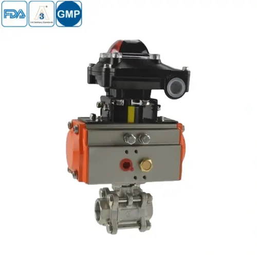 Sanitary grade stainless steel pneumatic 3-piece ball valve with threaded connections for hygienic applications