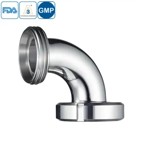 Stainless steel food processing 90-degree male-nut elbow with union connection for hygienic pipelines