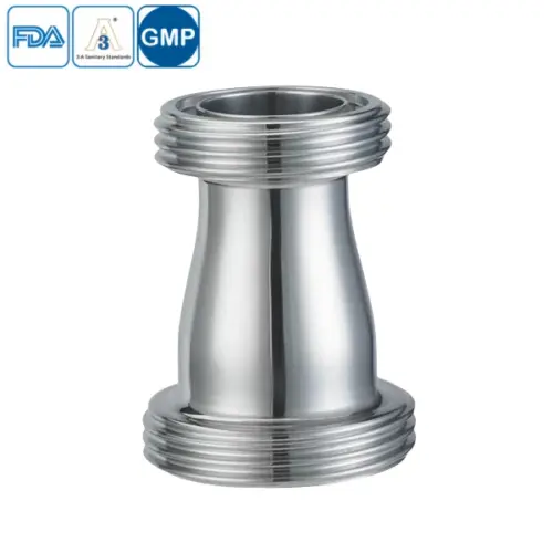 Stainless steel food processing concentric reducer with male threading.