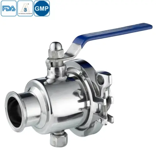 Hygienic grade stainless steel manual ball valve with middle-clamp design and non-retention structure for sanitary applications
