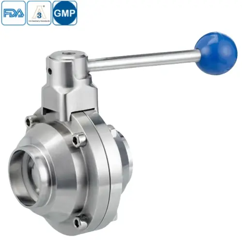 Stainless steel sanitary butterfly type ball valve with round handle and welded ends for hygienic applications