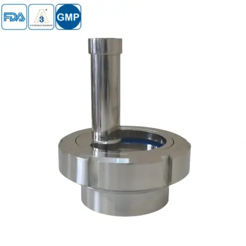 Sanitary stainless steel sight glass with an integrated LED light for hygienic tank viewing.