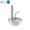Sanitary stainless steel union sight glass with wiper and light for hygienic tank viewing.