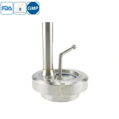 Sanitary stainless steel union sight glass with wiper and light for hygienic tank viewing.