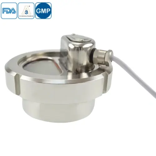 Sanitary stainless steel sight glass assembly with external wire light for illuminated process viewing in hygienic pipes.