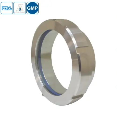 Sanitary welded union type sight glass for hygienic piping systems.