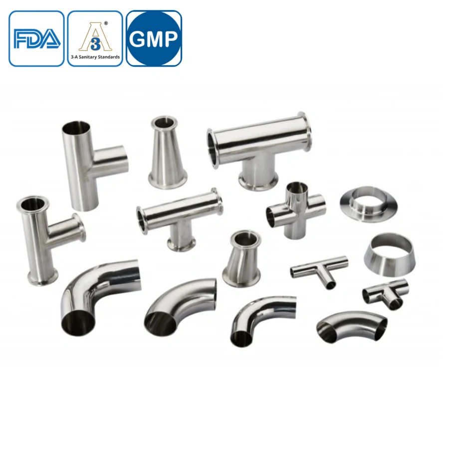 Hygienic stainless steel fittings including sanitary clamps, ferrules, and elbows.