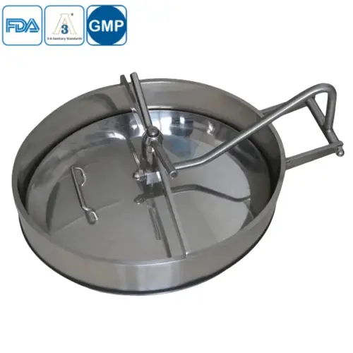 Stainless steel sanitary oval manway for hygienic tank access.