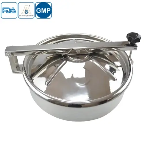 Stainless steel sanitary round manhole cover for non-pressure tanks.