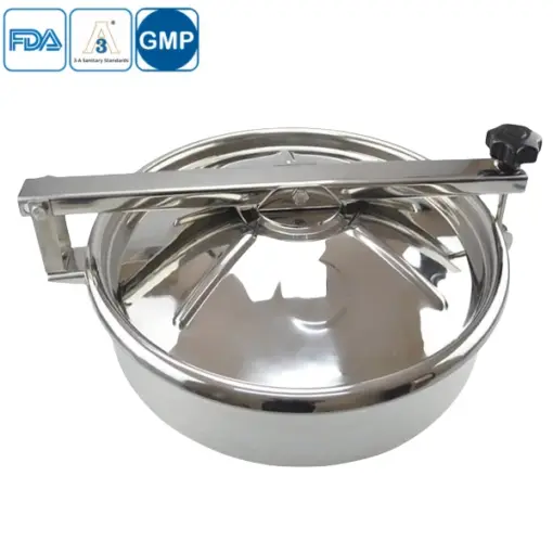 Stainless steel sanitary round manhole cover for non-pressure tanks.