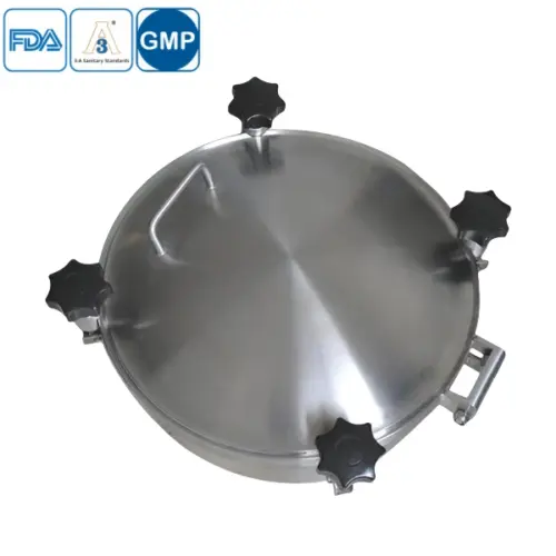 Hygienic stainless steel round pressure manhole for pressurized tanks.
